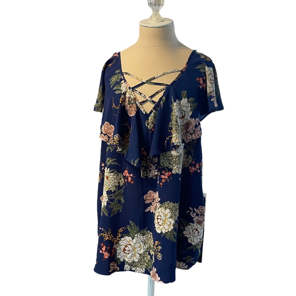 Tempted Blue Floral Print Short Ruffled Sleeve Strappy V-Neck Top Size 1X